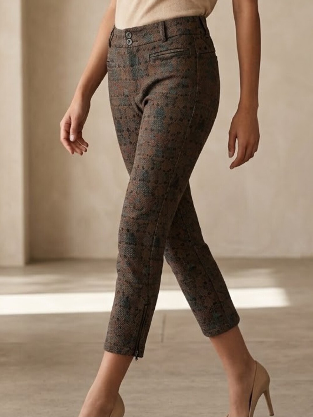 Anthropoligie Cartonnier Boho Textured Ankle & Cropped Pants Size 6 Brown Teal